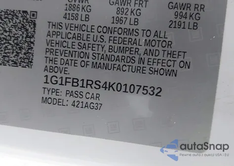 2019 Chevrolet Camaro 1Lt z USA, uszkodzony, nr VIN 1G1FB1RS4K0107532